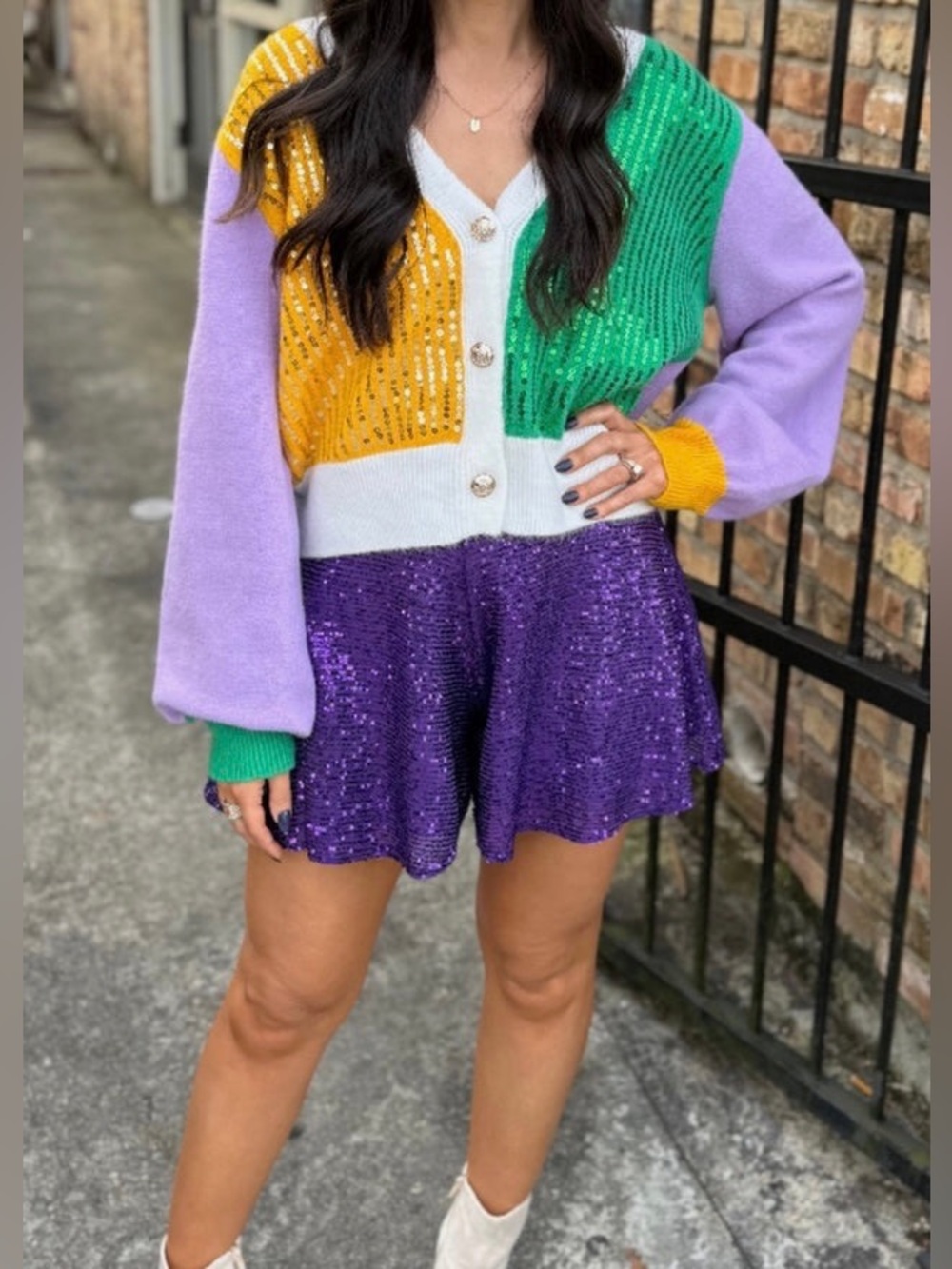 BiBi Madi Gras Colorblock Sequin Detail Button-Up Cardigan Sweater Size XL